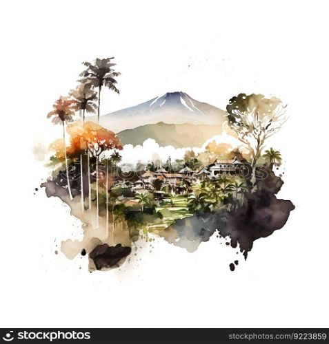 Scenic landscape bali watercolor. Art design. Tropical background. White color background. Religion background. Travel background. Nature beauty. Mountain landscape background.