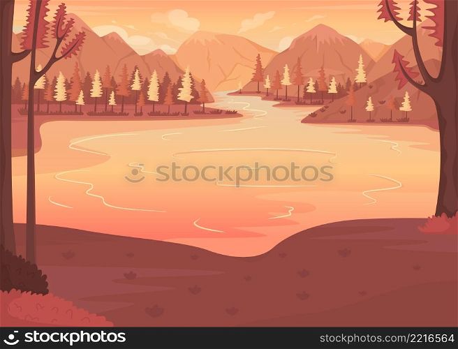 Scenic place for camping flat color vector illustration. National park. Lakefront living. Relaxing with mountains and lake scenery 2D simple cartoon landscape with sunset on background. Scenic place for camping flat color vector illustration