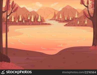 Scenic place for camping flat color vector illustration. National park. Lakefront living. Relaxing with mountains and lake scenery 2D simple cartoon landscape with sunset on background. Scenic place for camping flat color vector illustration