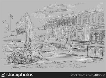 Scenic view of the Grand Cascade, sculptures and fountains on Peterhof Palace in Saint Petersburg, Russia. Isolated vector hand drawing illustration in black and white colors on grey background.