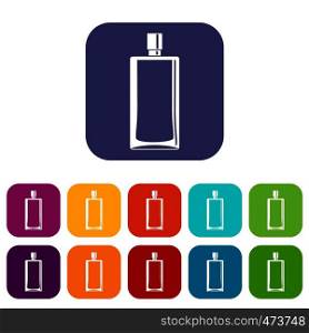 Scent icons set vector illustration in flat style In colors red, blue, green and other. Scent bottle icons set flat