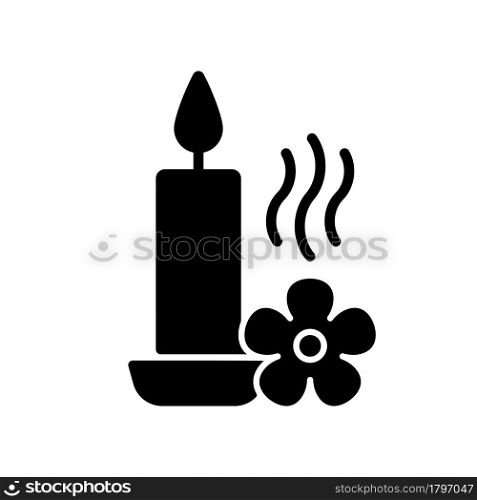 Scented candle black glyph manual label icon. Fragrant oils and wax mixture. Burning with pleasant aroma. Silhouette symbol on white space. Vector isolated illustration for product use instructions. Scented candle black glyph manual label icon