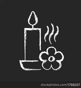 Scented candle chalk white manual label icon on dark background. Fragrant oils, wax mixture. Burning with pleasant aroma. Isolated vector chalkboard illustration for product use instructions on black. Scented candle chalk white manual label icon on dark background