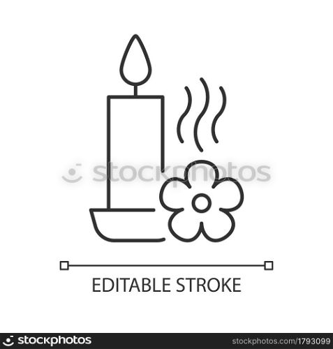 Scented candle linear manual label icon. Fragrant oils, wax mixture. Thin line customizable illustration. Contour symbol. Vector isolated outline drawing for product use instructions. Editable stroke. Scented candle linear manual label icon