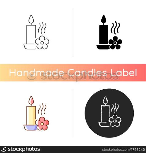 Scented candle manual label icon. Fragrant oils and wax mixture. Burning with pleasant aroma. Linear black and RGB color styles. Isolated vector illustrations for product use instructions. Scented candle manual label icon