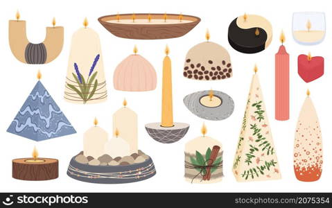 Scented candles in various shapes, aromatic burning wax candle. Decorative candlelight with flowers, spa aromatherapy candles vector set. Home interior decoration for harmony and meditation. Scented candles in various shapes, aromatic burning wax candle. Decorative candlelight with flowers, spa aromatherapy candles vector set