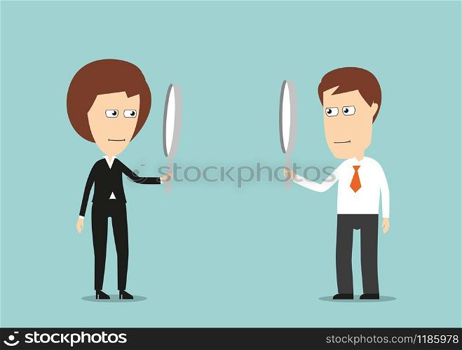 Sceptical businessman and business woman observing each other through magnifying glasses. Cartoon flat style. Colleagues observing each other through magnifiers
