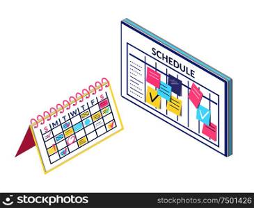 Schedule board and calendar information isolated icons vector. Notes and list of things to do. Business plan organization and structure info and data. Schedule Board and Calendar Information Isolated