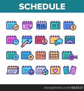 Schedule Collection Elements Icons Set Vector Thin Line. Calendar With Clock And Human, Heart And Bell, Dollar And Gear Mark Schedule Concept Linear Pictograms. Monochrome Contour Illustrations. Schedule Collection Elements Icons Set Vector