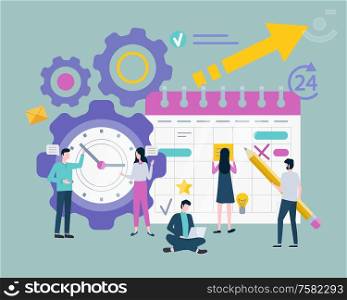Schedule or organizer, planning or time management vector. Clock dial, businessman and businesswoman, calendar sheet with events, productive work. Schedule or Organizer, Planning or Time Management