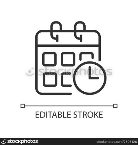 Schedule pixel perfect linear icon. Planning activities. Events calendar. Impending deadlines. Thin line illustration. Contour symbol. Vector outline drawing. Editable stroke. Arial font used. Schedule pixel perfect linear icon