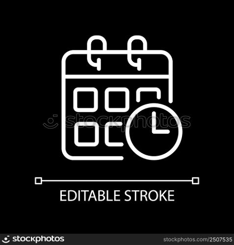 Schedule pixel perfect white linear icon for dark theme. Events calendar. Track impending deadlines. Thin line illustration. Isolated symbol for night mode. Editable stroke. Arial font used. Schedule pixel perfect white linear icon for dark theme