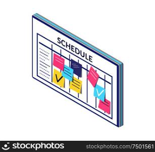 Schedule, timetable of company workers, board with sticky notes vector. Business plan and organization of workplace. Memos and lists to do check marks. Schedule, Timetable of Company Workers Board Notes