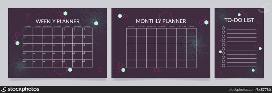 Schedules worksheet design template set. Printable goal setting sheet. Editable time management s&le. Scheduling page for organizing personal tasks. Lato Regular, Light fonts used. Schedules worksheet design template set