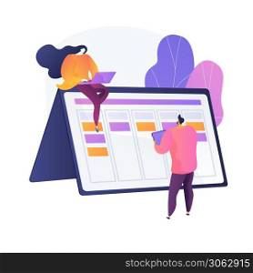 Scheduling. Forming and filling timetable. Digital calendar. Time management, arranging, controlling. Optimizing, effective plans organization. Vector isolated concept metaphor illustration. Scheduling vector concept metaphor.