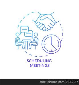 Scheduling meetings blue gradient concept icon. Coordinate calendars abstract idea thin line illustration. Booking meetings. Isolated outline drawing. Roboto-Medium, Myriad Pro-Bold fonts used. Scheduling meetings blue gradient concept icon
