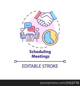 Scheduling meetings concept icon. Business software abstract idea thin line illustration. Appointment scheduler. Isolated outline drawing. Editable stroke. Roboto-Medium, Myriad Pro-Bold fonts used. Scheduling meetings concept icon