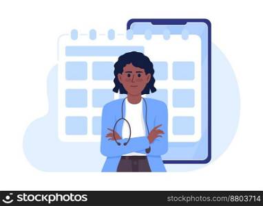Scheduling visit to doctor flat concept vector illustration. Make appointment online. Editable 2D cartoon characters on white for web design. Creative idea for website, mobile, presentation. Scheduling visit to doctor flat concept vector illustration