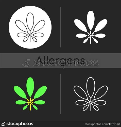 Schefflera dark theme icon. Flowering plant. Tropical leaf. Umbrella tree. Cause of allergic reaction. Seasonal foliage. Linear white, simple glyph and RGB color styles. Isolated vector illustrations. Schefflera dark theme icon