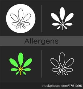 Schefflera dark theme icon. Flowering plant. Tropical leaf. Umbrella tree. Cause of allergic reaction. Seasonal foliage. Linear white, simple glyph and RGB color styles. Isolated vector illustrations. Schefflera dark theme icon