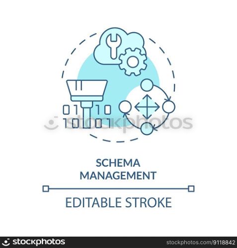 Schema management turquoise concept icon. Record new information. Data lakehouse abstract idea thin line illustration. Isolated outline drawing. Editable stroke. Arial, Myriad Pro-Bold fonts used. Schema management turquoise concept icon