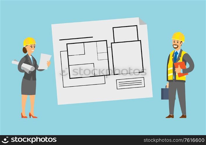 Schematic representation of home vector, engineer, wearing helmet caring for accuracy of drawn planning, people with papers and tools, man and woman. Planning Engineers Schemes with Floors Scheme