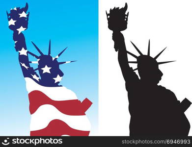schematic silhouette statue of liberty black and with outline colors of the US flag
