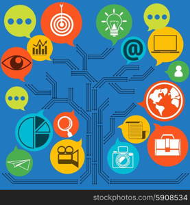 Scheme of web contact and business newsletter concept with an email envelope and symbols of chart global dollar eye. Regularly distributed news publication via e-mail with some topics of interest to its subscribers. Scheme of web contact and business newsletter