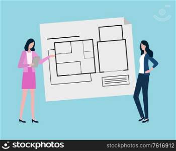 Scheme on paper vector, engineering and construction process, people thinking on new ideas and development of existing project, engineers at work. Engineers Designers Thinking on New Plan Scheme