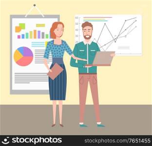 Schemes and charts vector, people showing presentation to business partners, colleagues with common aim and goal, male with laptop developing project. Man and Woman on Presentation, Whiteboard Charts