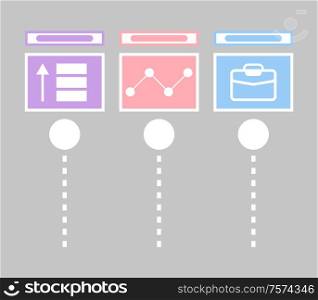 Schemes with information vector. Briefcase business project sign, lines and dots connected together. Visualization of results and data , flowchart. Statistics and Information Icons, Charts Schemes