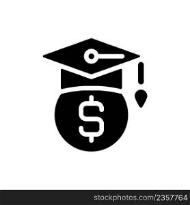 Scholarship black glyph icon. Financial support for student. Bonus for outstanding academic result. State-offered grant. Silhouette symbol on white space. Solid pictogram. Vector isolated illustration. Scholarship black glyph icon