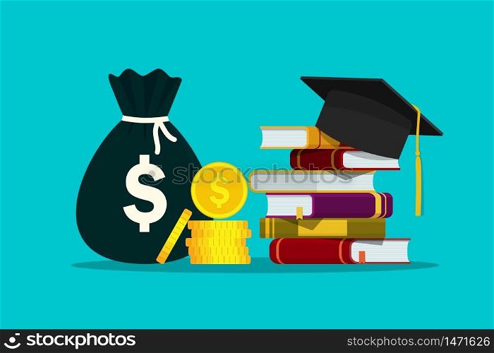 Scholarship for knowledge. Investment in education of student. Hat on stack of books and money for tuition. Study fee. Concept of loan for bachelor of college. Academic degree. Design flat vector