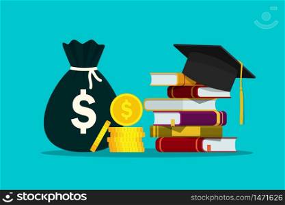 Scholarship for knowledge. Investment in education of student. Hat on stack of books and money for tuition. Study fee. Concept of loan for bachelor of college. Academic degree. Design flat vector