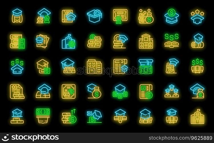 Scholarship icons set outline vector. Student degree. Happy female neon color on black. Scholarship icons set vector neon