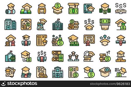 Scholarship icons set outline vector. Student degree. Happy female thin line color flat on white isolated. Scholarship icons set vector line color