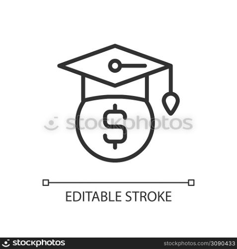 Scholarship pixel perfect linear icon. Financial support for student. Bonus for academic result. Thin line illustration. Contour symbol. Vector outline drawing. Editable stroke. Arial font used. Scholarship pixel perfect linear icon