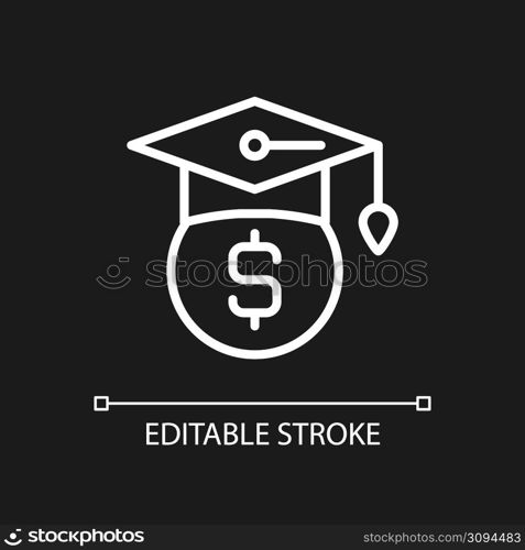 Scholarship pixel perfect white linear icon for dark theme. Financial support for student. Academic result. Thin line illustration. Isolated symbol for night mode. Editable stroke. Arial font used. Scholarship pixel perfect white linear icon for dark theme