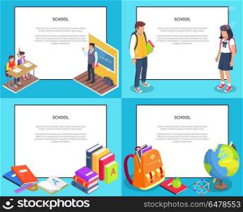 School 3D Illustrations Set with Various Icons. School 3d isolated vector illustrations set. Cartoon style teenage students, male teacher, stack of books, stationery items and other objects