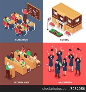 School 4 Isometric Icons Concept . High school classroom lesson lecture graduation and building outdoor isometric view 4 icons square isolated vector illustration