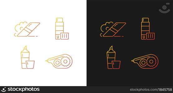 School accessories gradient icons set for dark and light mode. Highlighter. Correction tape. Thin line contour symbols bundle. Isolated vector outline illustrations collection on black and white. School accessories gradient icons set for dark and light mode