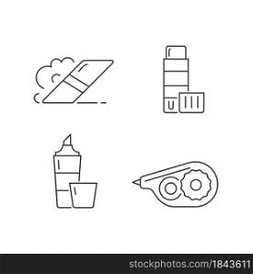 School accessories linear icons set. Eraser for artistic use. Glue stick. Highlighter marker. Customizable thin line contour symbols. Isolated vector outline illustrations. Editable stroke. School accessories linear icons set