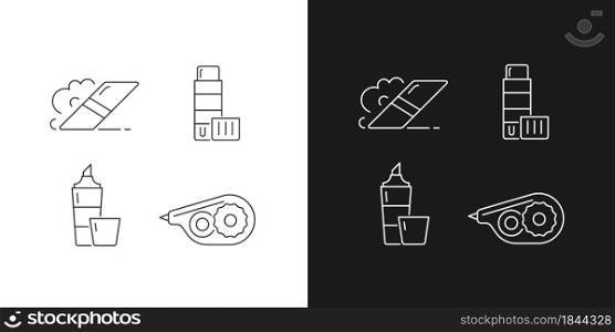 School accessories linear icons set for dark and light mode. Eraser for artistic use. Glue stick. Highlighter. Customizable thin line symbols. Isolated vector outline illustrations. Editable stroke. School accessories linear icons set for dark and light mode