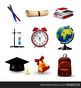 School accessories set with graduation hat, alarm clock, stationery, scroll, globe, books and bell isolated vector illustration . School Accessories Set