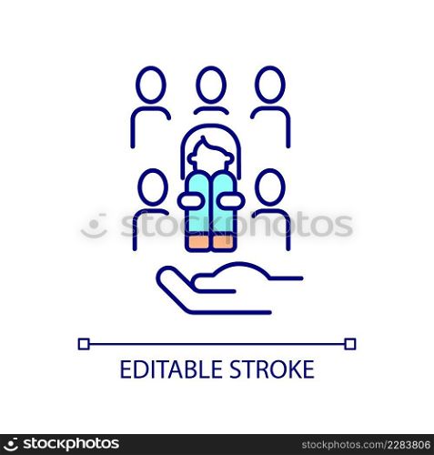 School adaptation support RGB color icon. Child in people crowd. Socialization of children. Isolated vector illustration. Simple filled line drawing. Editable stroke. Arial font used. School adaptation support RGB color icon