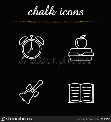 School and education chalk icons set. Alarm clock, school bell, lunch box, open book. Isolated vector chalkboard illustrations. School and education chalk icons set