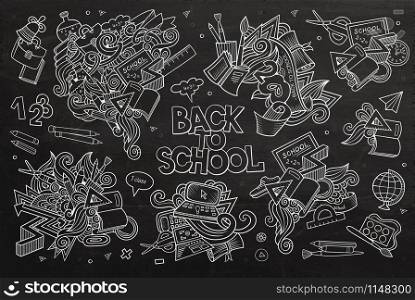 School and education doodles hand drawn vector chalkboard symbols and objects. School and education doodles hand drawn vector sketch symbols