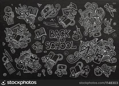 School and education doodles hand drawn vector chalkboard symbols and objects. School and education doodles hand drawn vector sketch symbols