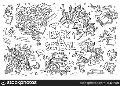 School and education doodles hand drawn vector sketch symbols and objects. School and education doodles hand drawn vector symbols