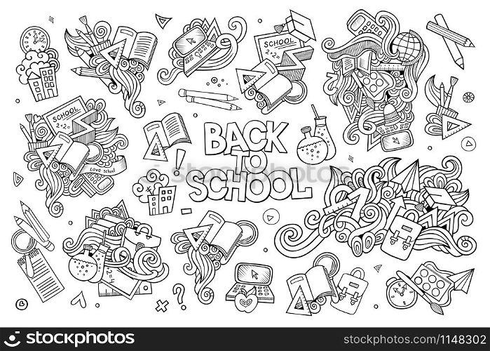 School and education doodles hand drawn vector sketch symbols and objects. School and education doodles hand drawn vector symbols